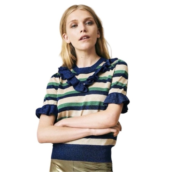 BAUM UND PFERDGARTEN CAMELAI METALLIC RUFFLE YOKE STRIPED KNIT TEE SHIRT - Picture 1 of 16